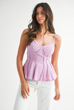 Load image into Gallery viewer, ONLINE ONLY Lavender Corset Peplum Top
