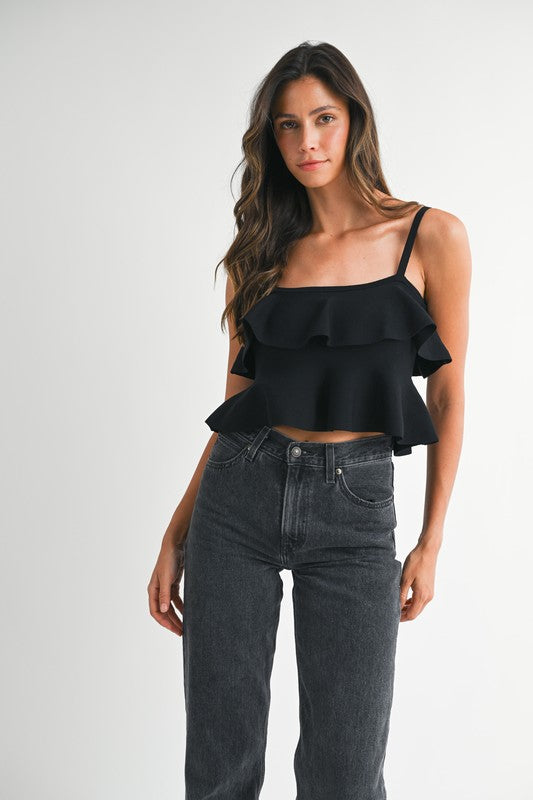 NEWEST ARRIVAL Black Ruffle Knit Crop Top
