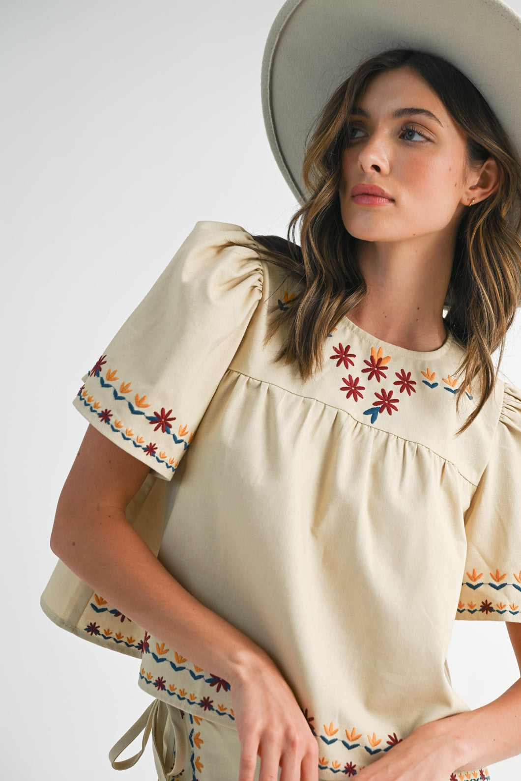 NEWEST ARRIVAL Cream Floral Embroidered Babydoll Blouse