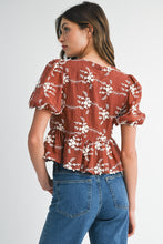 Load image into Gallery viewer, NEWEST ARRIVAL Brown Floral Front Tie Peplum Top
