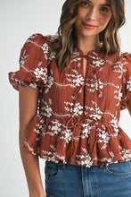 Load image into Gallery viewer, NEWEST ARRIVAL Brown Floral Front Tie Peplum Top
