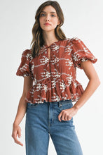 Load image into Gallery viewer, NEWEST ARRIVAL Brown Floral Front Tie Peplum Top
