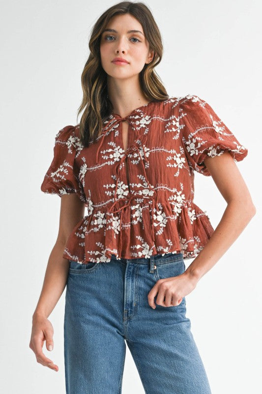 NEWEST ARRIVAL Brown Floral Front Tie Peplum Top
