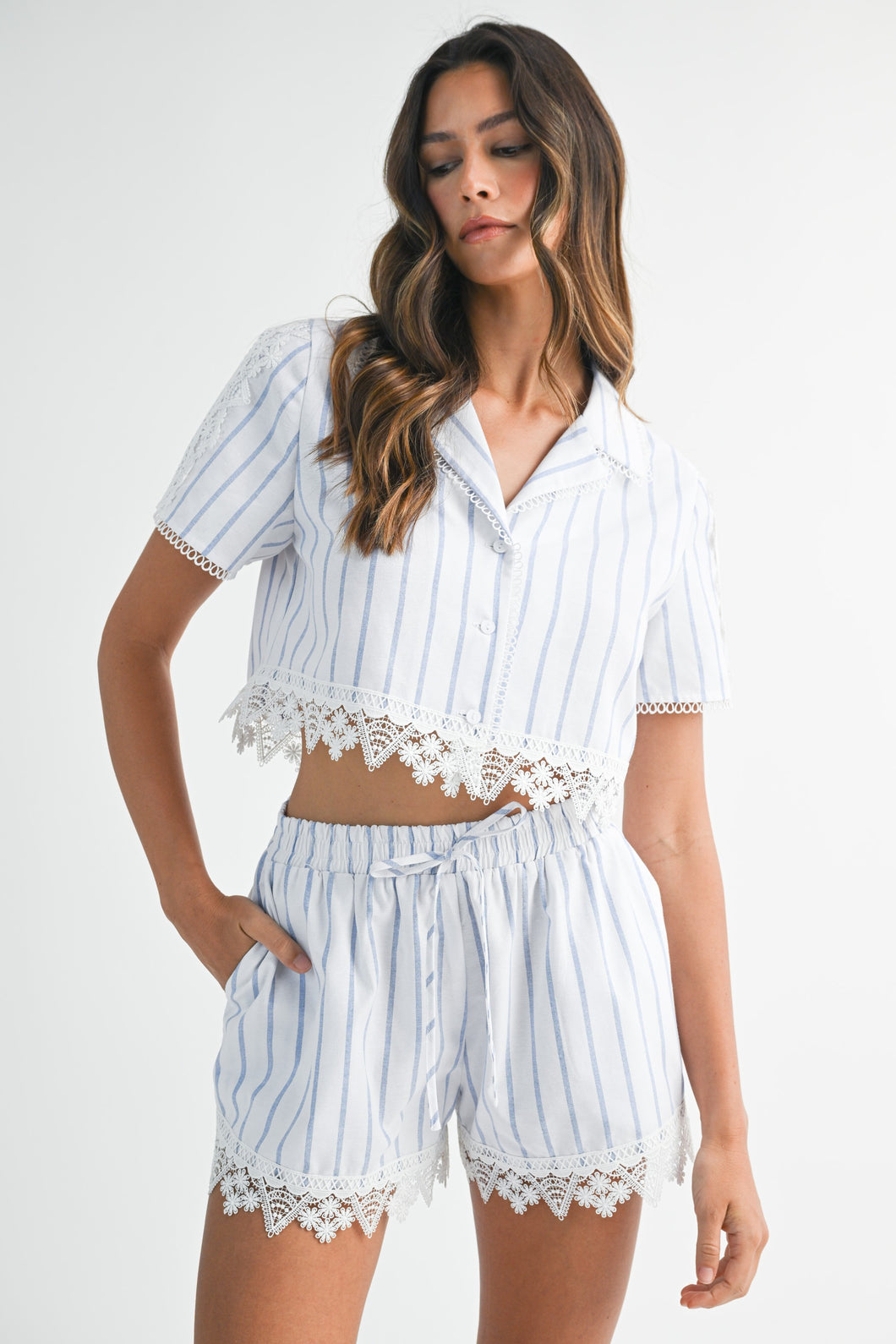 ONLINE ONLY White/Blue Striped Lace Shorts Set