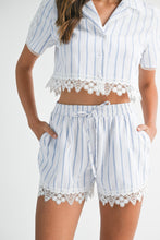 Load image into Gallery viewer, ONLINE ONLY White/Blue Striped Lace Shorts Set
