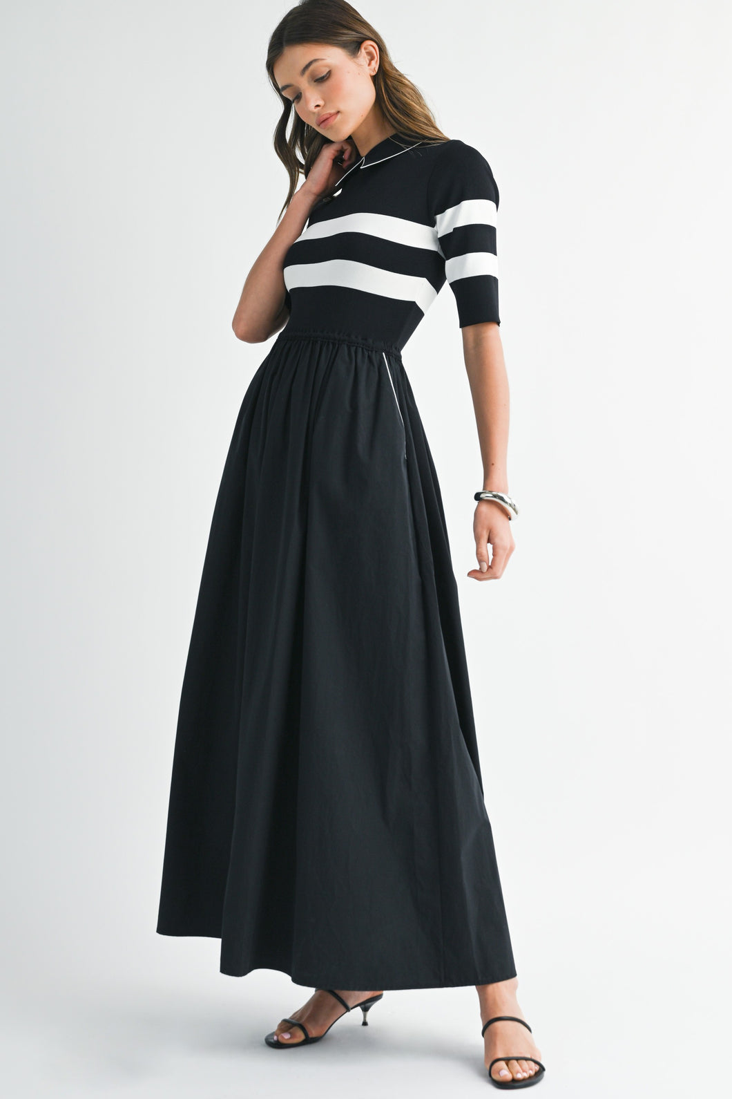 NEWEST ARRIVAL Black Striped Contrast Ankle Length Dress