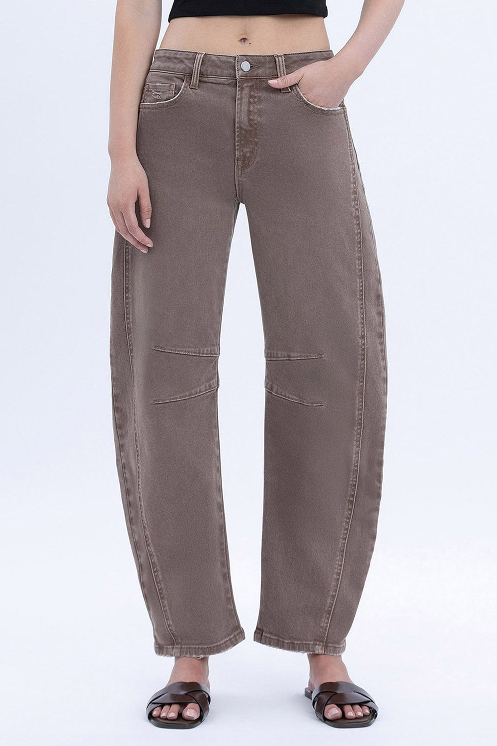 NEWEST ARRIVAL Brown Stone Barrel Crop Denim Jeans