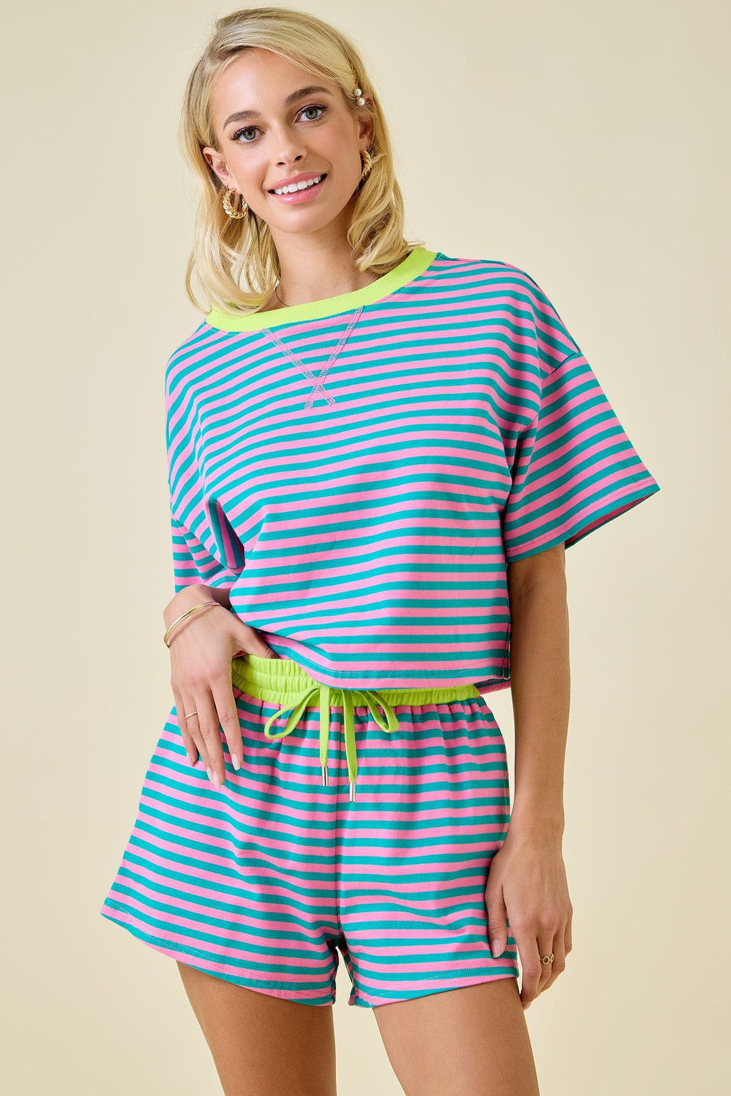 NEWEST ARRIVAL Pink/Turq Striped Comfy Shorts Set