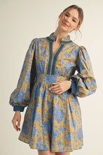 Load image into Gallery viewer, NEWEST ARRIVAL Gold Blue Floral Long Sleeve Dress

