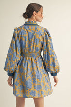 Load image into Gallery viewer, NEWEST ARRIVAL Gold Blue Floral Long Sleeve Dress
