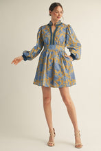 Load image into Gallery viewer, NEWEST ARRIVAL Gold Blue Floral Long Sleeve Dress
