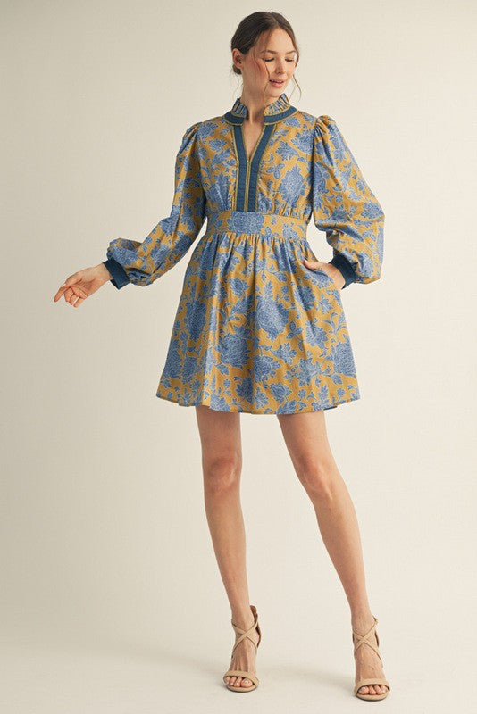 NEWEST ARRIVAL Gold Blue Floral Long Sleeve Dress