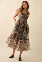 Load image into Gallery viewer, NEWEST ARRIVAL Black Floral Organza Midi Dress
