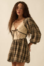 Load image into Gallery viewer, NEWEST ARRIVAL Brown Plaid Lace Bubble Dress
