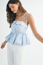 Load image into Gallery viewer, Baby Blue Peplum Shoulder Tie Top
