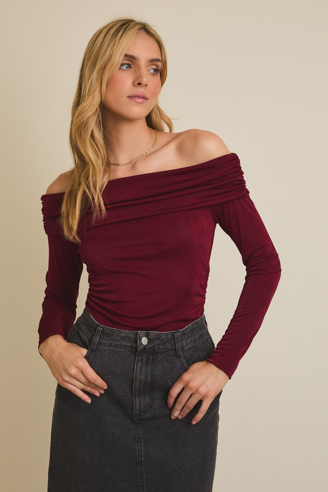 NEWEST ARRIVAL Burgundy Off Shoulder Long Sleeve Top