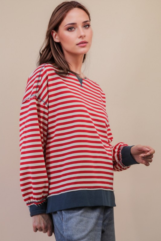 NEWEST ARRIVAL Red/Navy Striped Casual Oversized Top