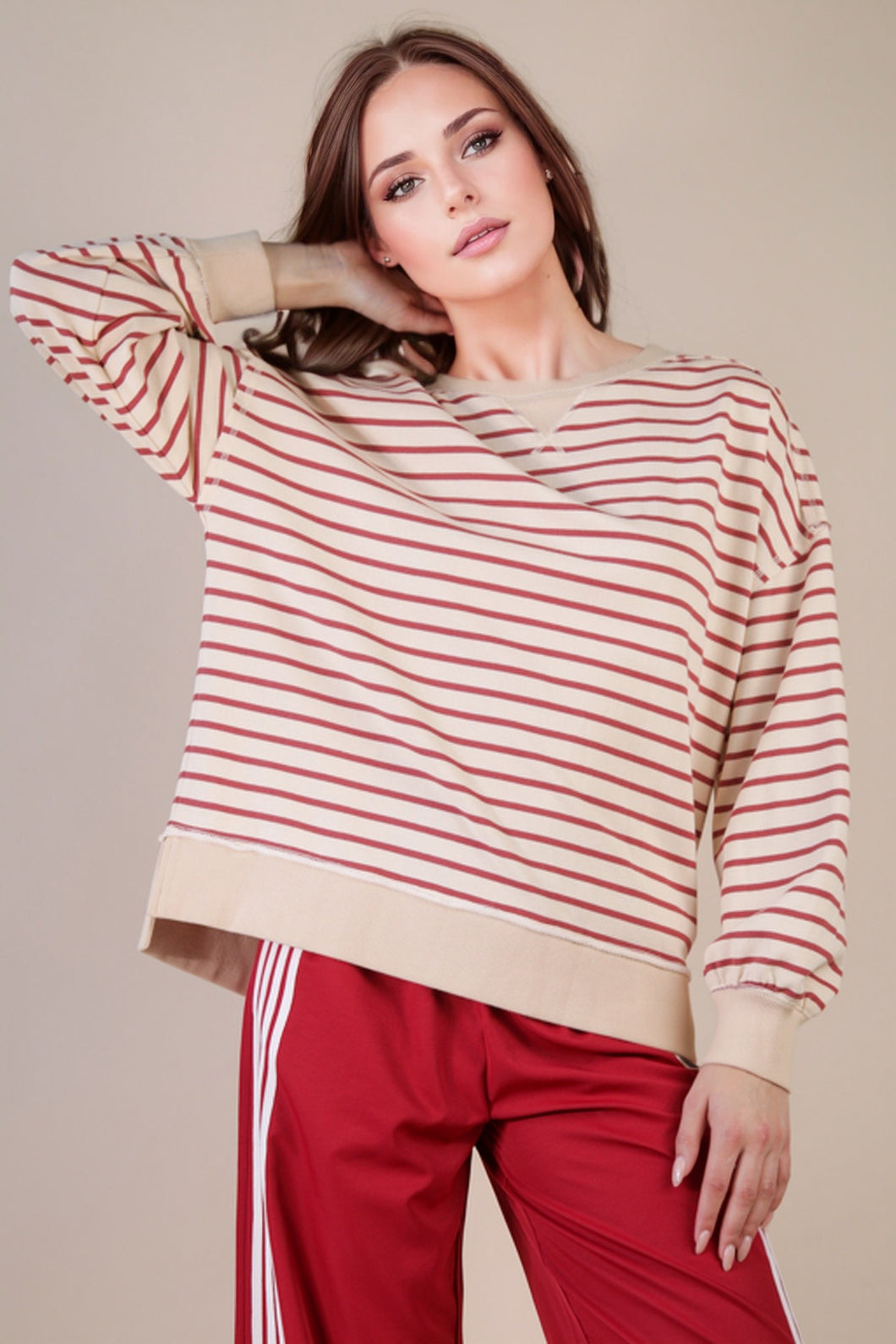 NEWEST ARRIVAL Cream/Red Striped Casual Oversized Top