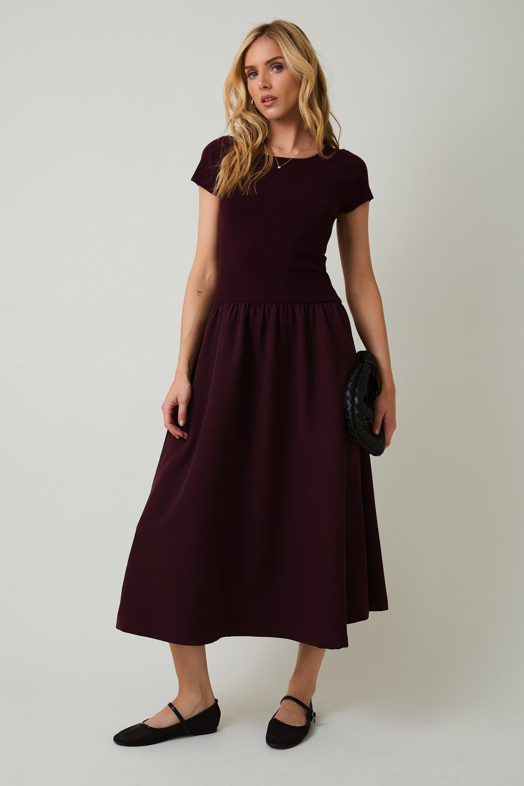 NEWEST ARRIVAL Maroon Knit Mixed Midi Dress