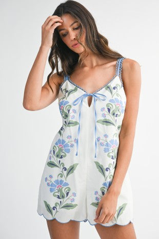 White/Blue Floral Scallop Trim Romper