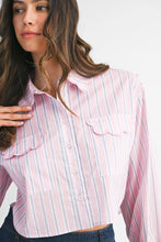 Load image into Gallery viewer, NEWEST ARRIVAL Pink/Blue Scallop Cropped Button Down Top
