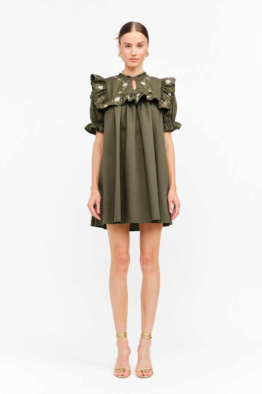 NEWEST ARRIVAL Olive Green Poplin Embroidered Babydoll Dress