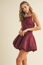 Load image into Gallery viewer, NEWEST ARRIVAL Burgundy Satin Bubble Hem Mini Dress
