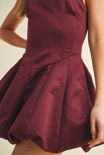 Load image into Gallery viewer, NEWEST ARRIVAL Burgundy Satin Bubble Hem Mini Dress
