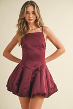 Load image into Gallery viewer, NEWEST ARRIVAL Burgundy Satin Bubble Hem Mini Dress
