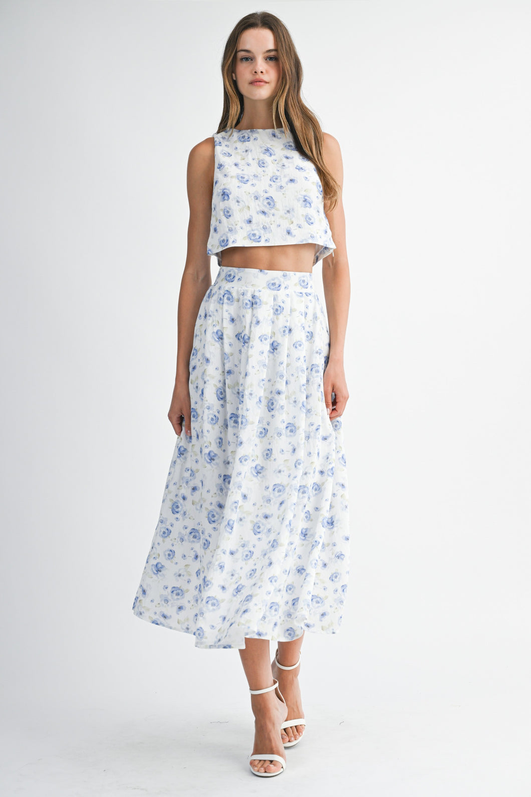 White/Blue Floral Midi Skirt Set
