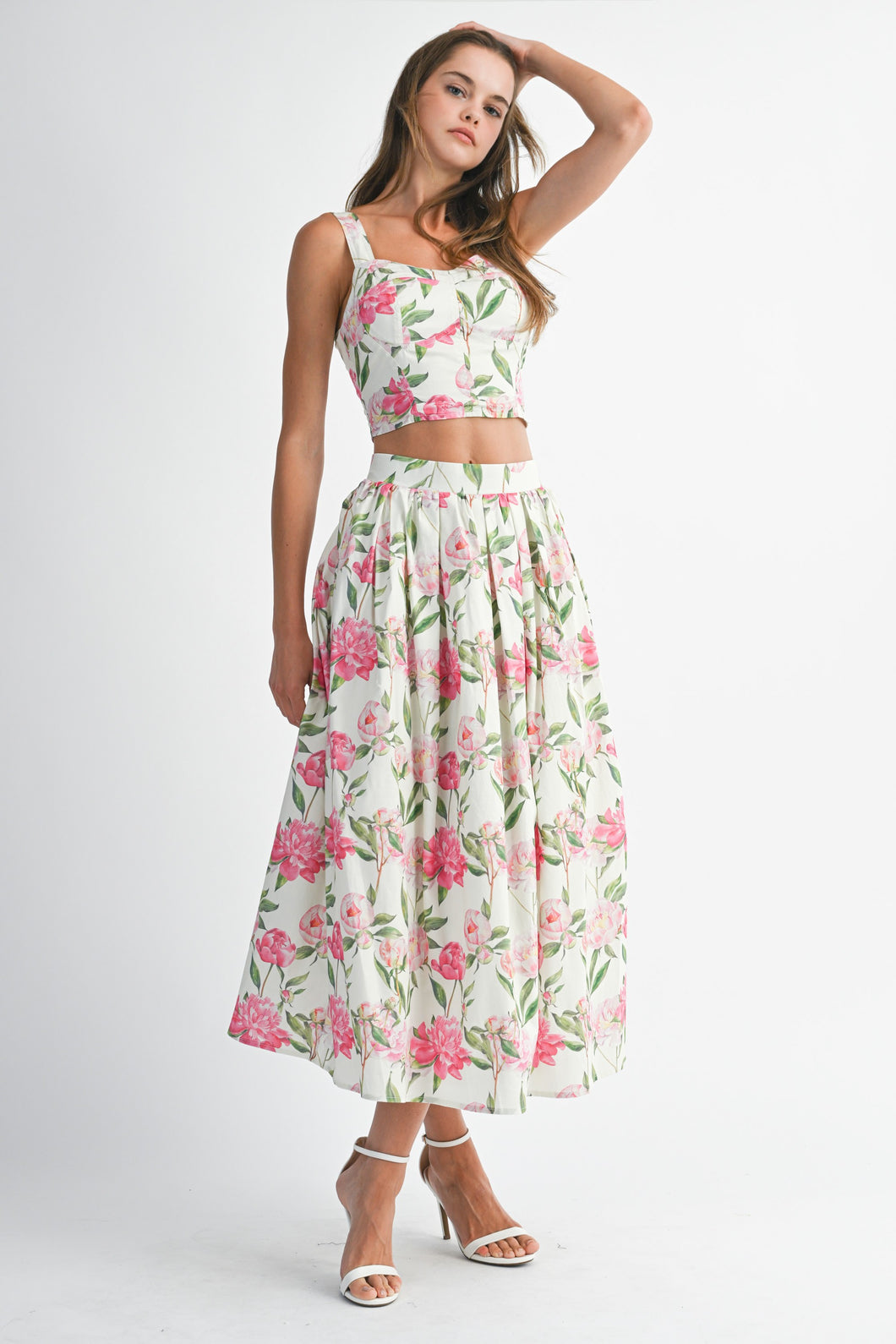 ONLINE ONLY Pink Floral Print Crop Midi Skirt Set