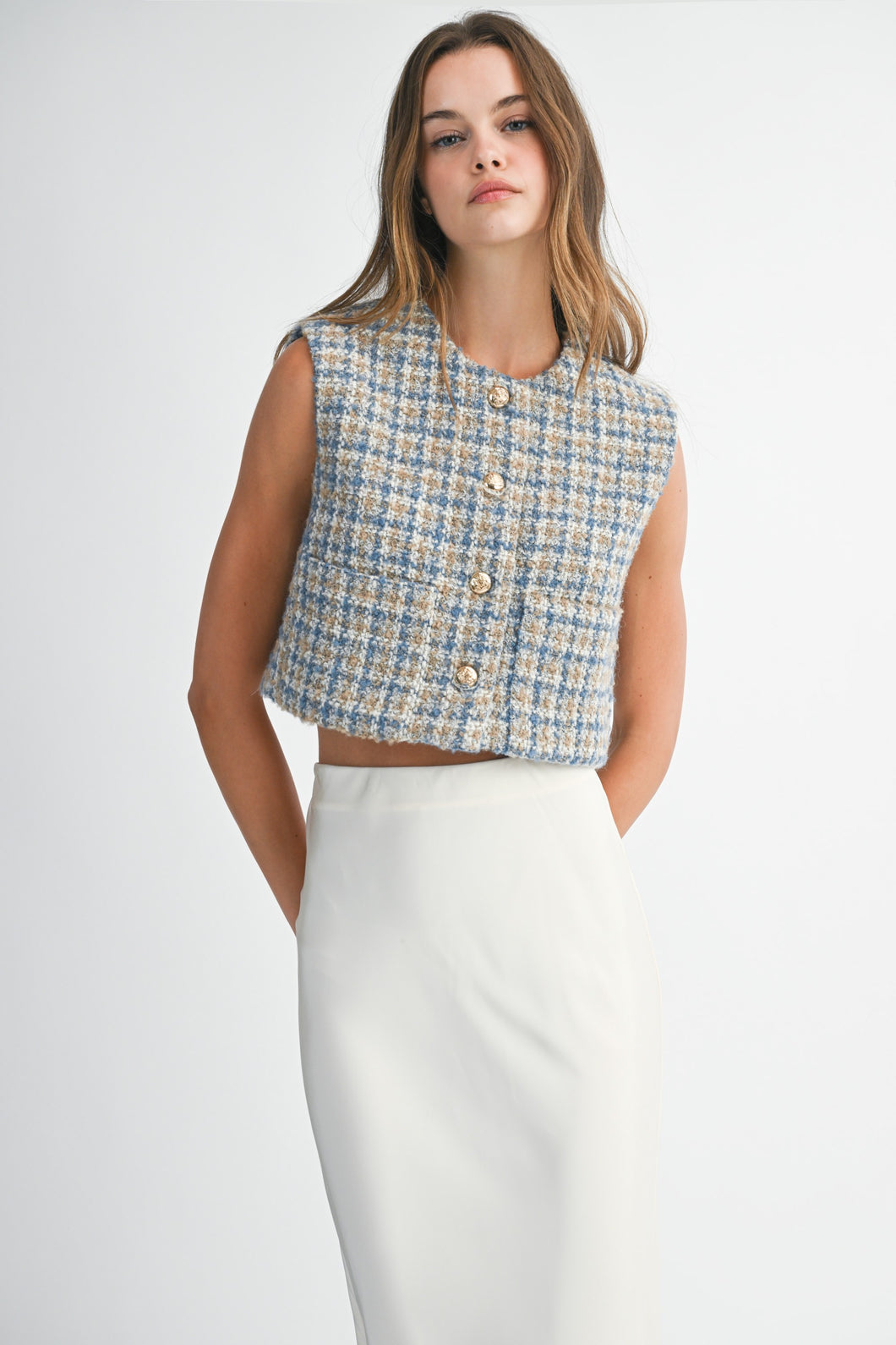 NEWEST ARRIVAL Blue Tweed Check Crop Vest