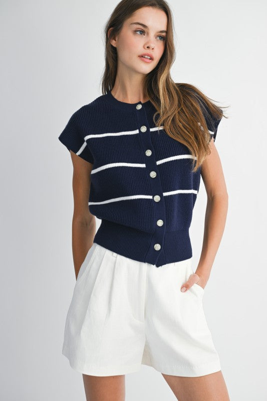 NEWEST ARRIVAL Navy/White Striped Button Down Sweater Vest