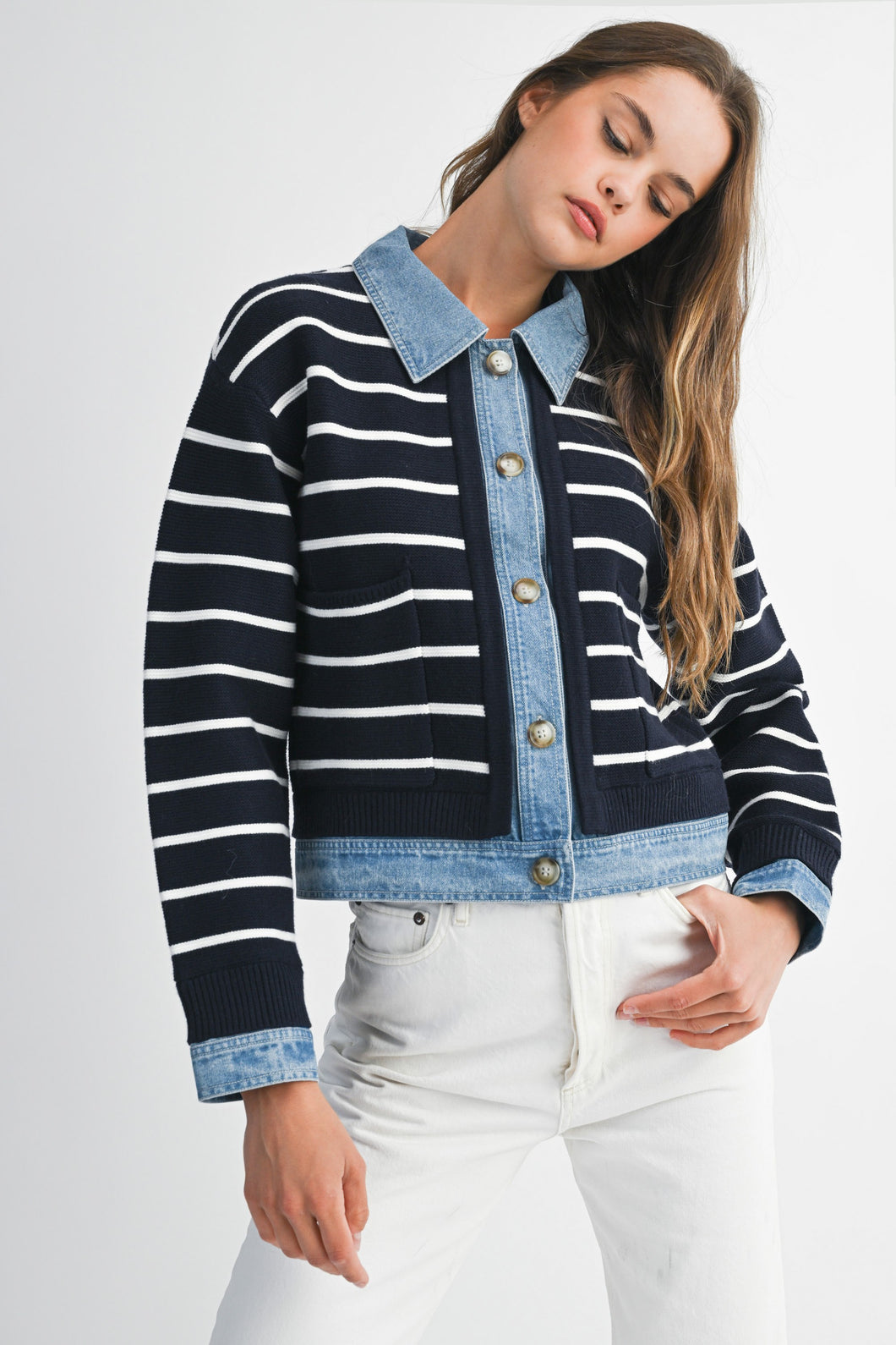 NEWEST ARRIVAL *PREORDER 10/15* Navy Striped Denim Cardigan