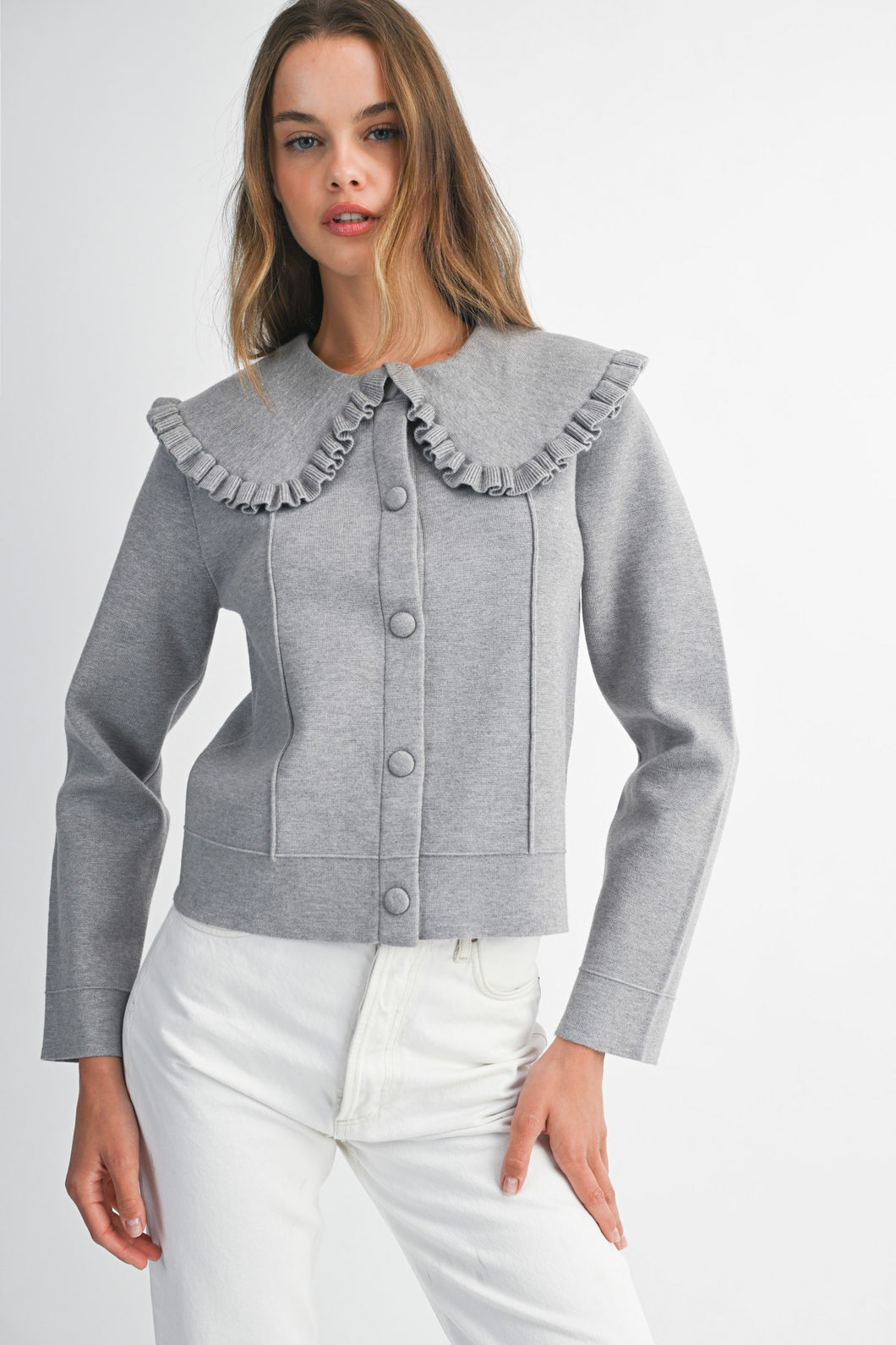 NEWEST ARRIVAL Gray Ruffle Peter Pan Cardigan Jacket