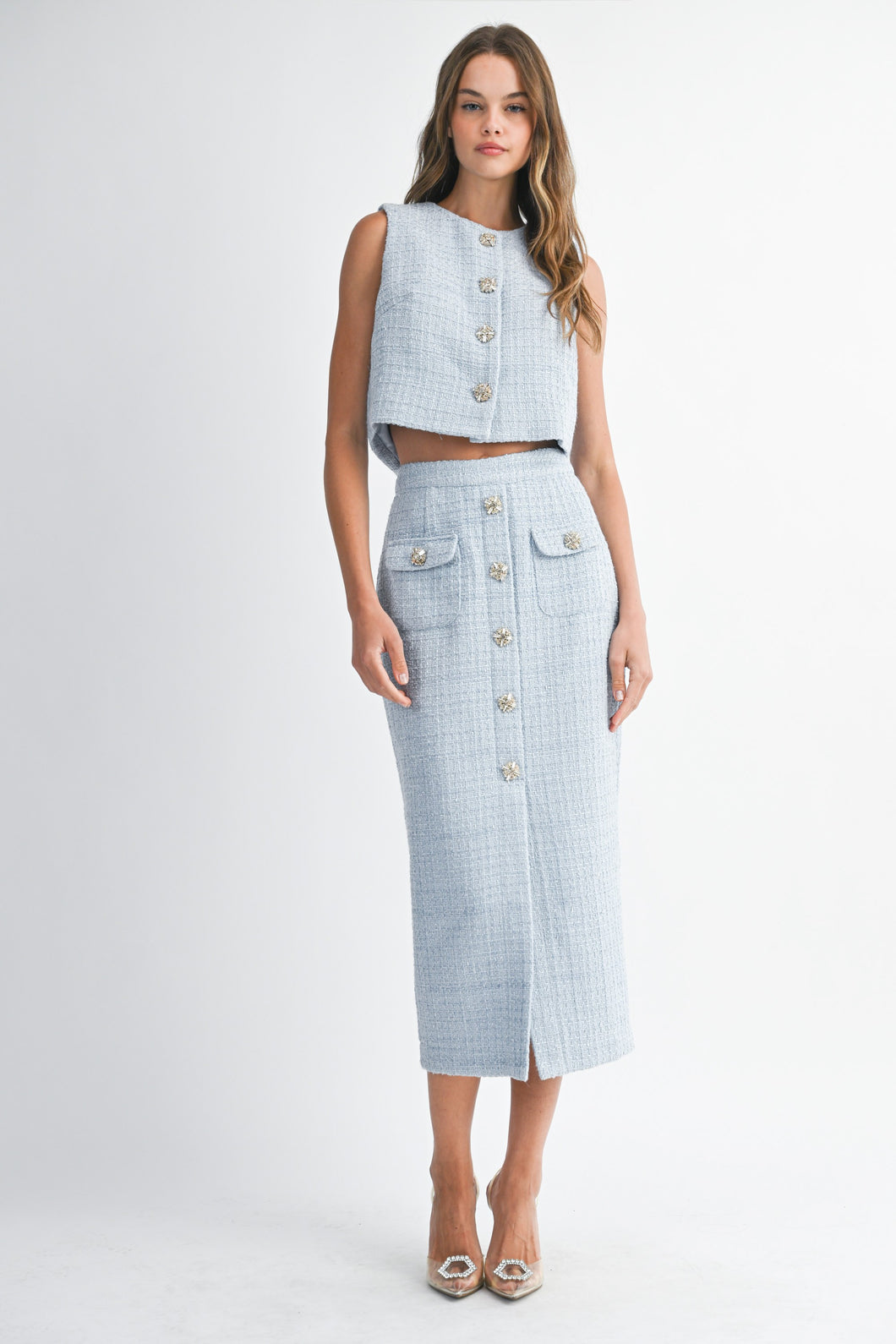 NEWEST ARRIVAL Blue Tweed Midi Skirt Set