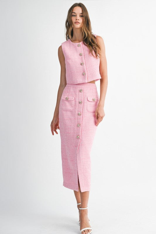 open lace back dress MOISELLE Pink Puff Sleeve Tweed Midi Dress