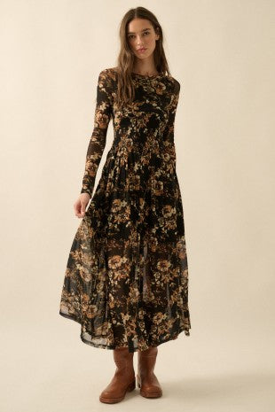 NEWEST ARRIVAL Black/Brown Mesh Floral Maxi Dress