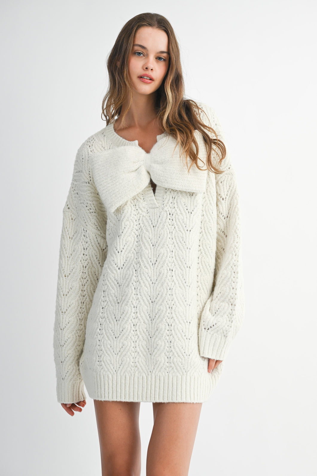 NEWEST ARRIVAL ONLINE ONLY White Bow Knit Oversized Sweater Dress