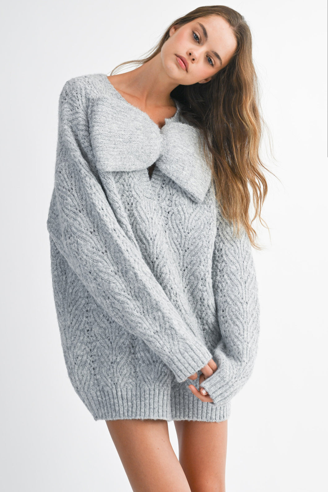 NEWEST ARRIVAL ONLINE ONLY Gray Bow Knit Sweater Dress