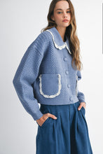 Load image into Gallery viewer, NEWEST ARRIVAL Blue Denim Quilted Peter Pan Collar Cardigan
