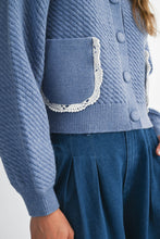 Load image into Gallery viewer, NEWEST ARRIVAL Blue Denim Quilted Peter Pan Collar Cardigan

