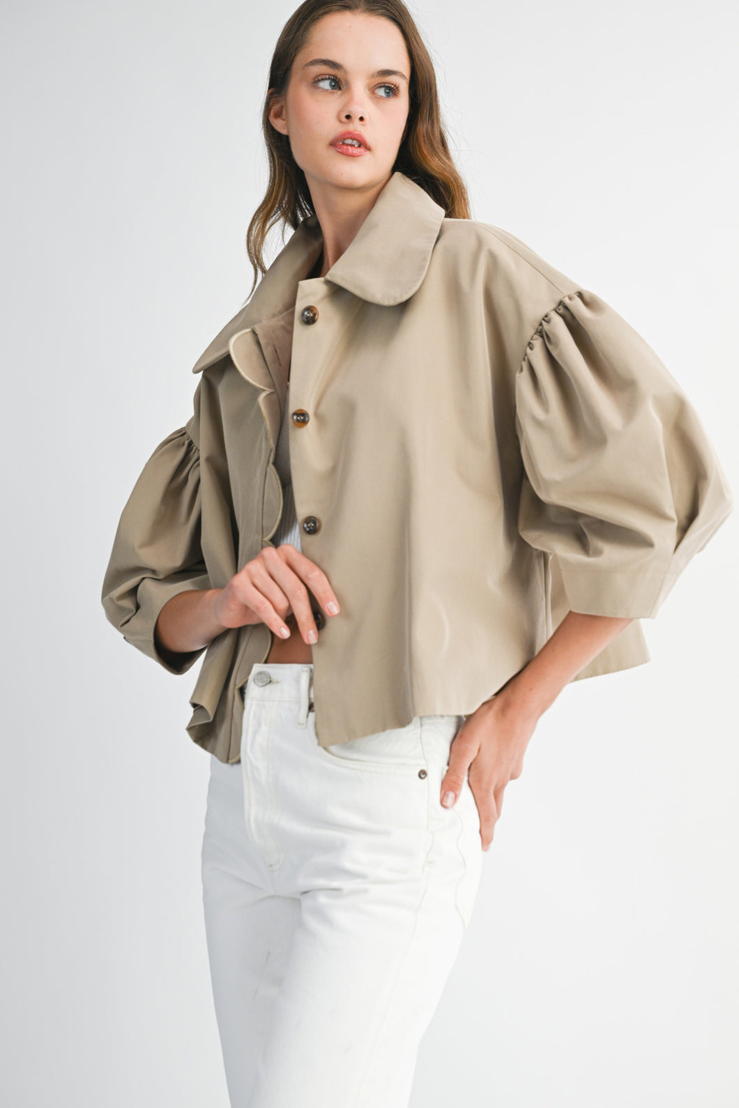NEWEST ARRIVAL Taupe Extra Puff Sleeve Button Down Jacket