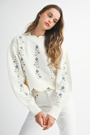 NEWEST ARRIVAL Off White Scallop Trim Embroidered Sweater