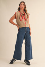 Load image into Gallery viewer, NEWEST ARRIVAL Taupe/Red Tie Neck Sleeveless Sweater
