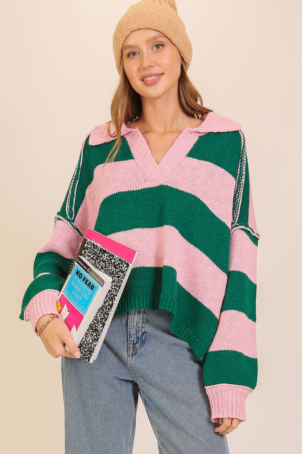 NEWEST ARRIVAL Pink/Green Wide Collar Knit Sweater