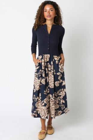 NEWEST ARRIVAL Navy/Brown Floral Midi Dress