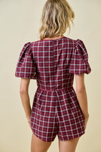 Load image into Gallery viewer, NEWEST ARRIVAL *PREORDER 9/9* Burgundy Plaid Puff Sleeve Romper
