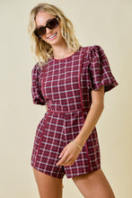 Load image into Gallery viewer, NEWEST ARRIVAL *PREORDER 9/9* Burgundy Plaid Puff Sleeve Romper
