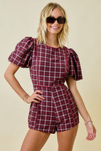 Load image into Gallery viewer, NEWEST ARRIVAL *PREORDER 9/9* Burgundy Plaid Puff Sleeve Romper

